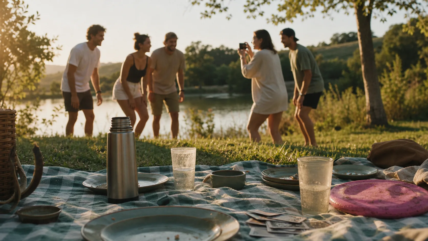 Activités à faire entre amis dehors : pique-nique près d’un étang, jeux et mini défi photo