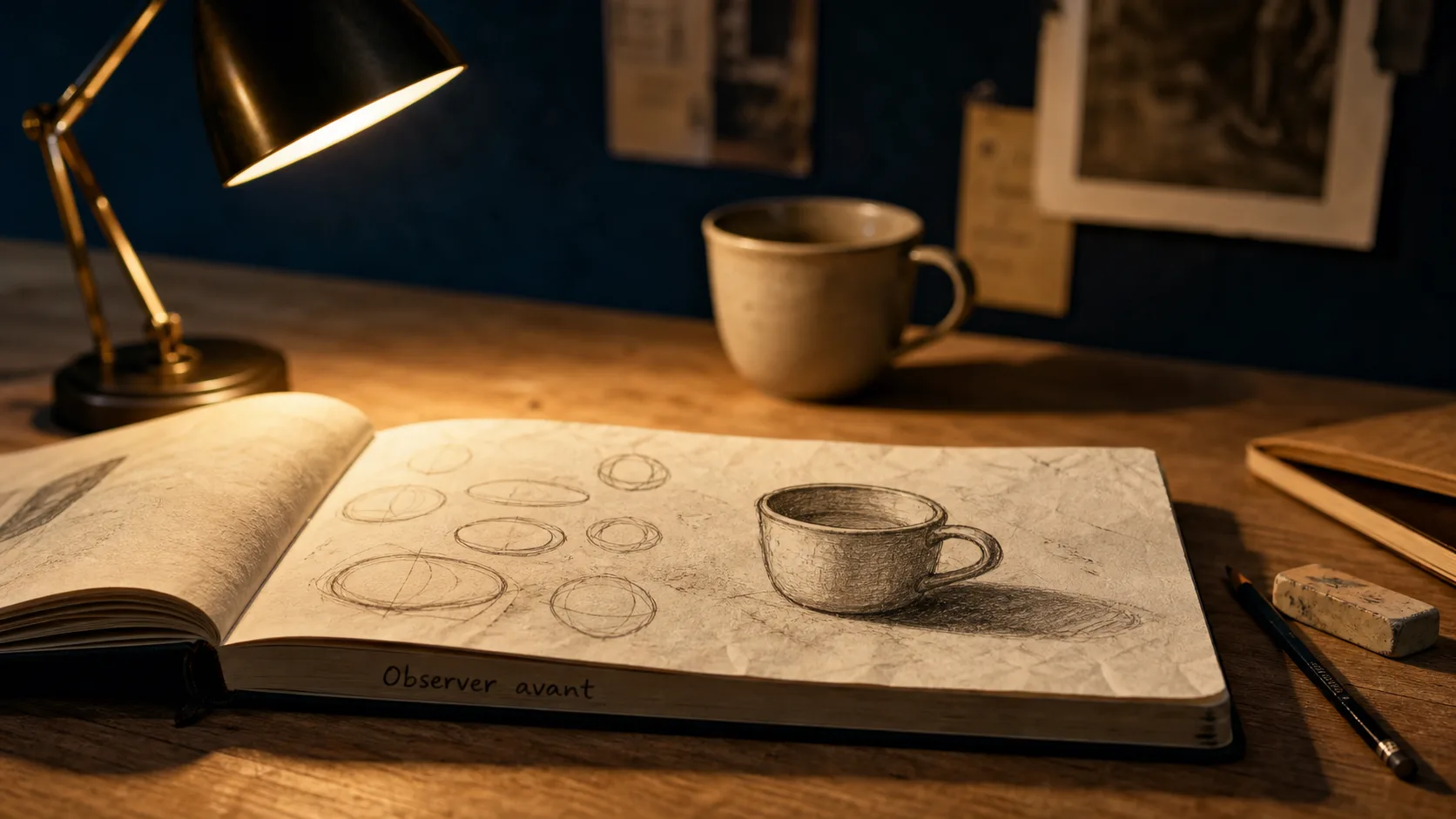 Apprendre a dessiner facilement : carnet de croquis, cercles et observation d’une tasse au crayon