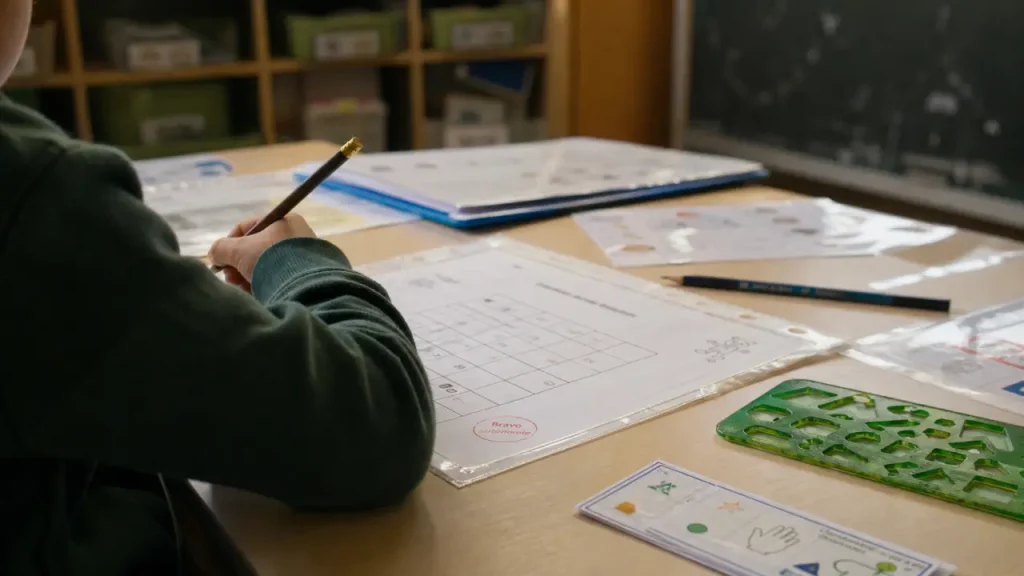 Autonomie CP période 1 : enfant remplit un quadrillage en classe