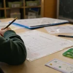 Autonomie CP période 1 : enfant remplit un quadrillage en classe
