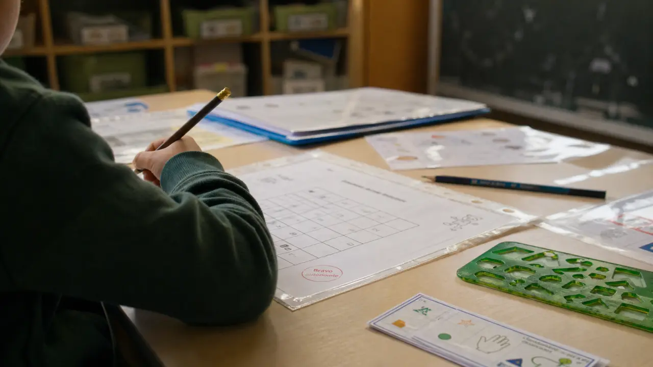 Autonomie CP période 1 : enfant remplit un quadrillage en classe