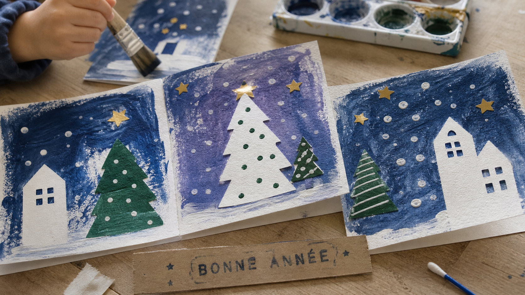 Carte de voeux maternelle gommettes et gabarits sapin sur table