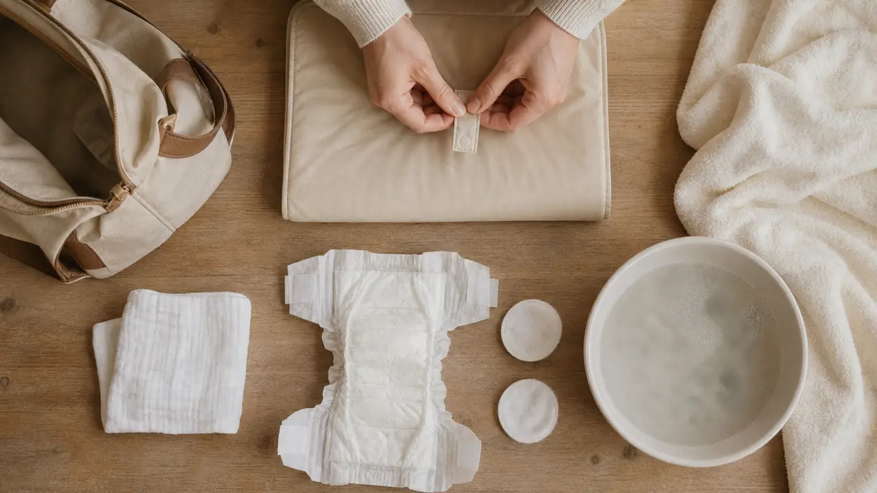 Changer un bebe sur table à langer, couche propre et gestes sûrs