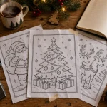 Coloriage noel à imprimer : feuilles A4, crayons et sapin sur table
