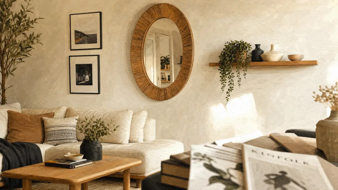 Décorer mur blanc : grand miroir et cadres noir sur mur blanc, intérieur chaleureux