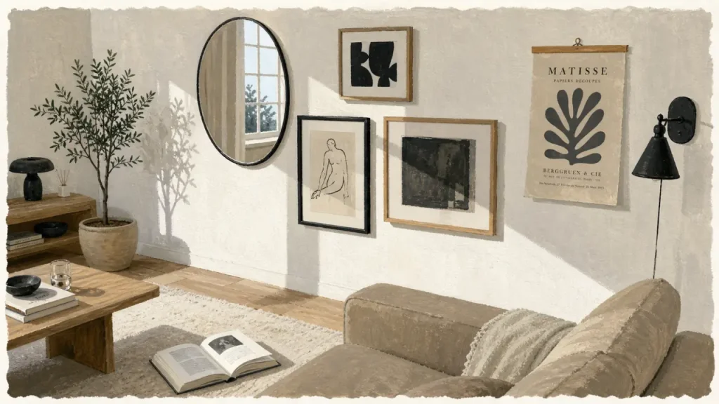 Décorer un mur blanc : cadres et miroir ovales