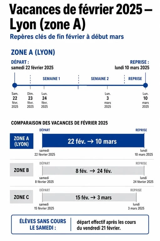 Vacances fevrier 2025 lyon : infographie calendrier des dates de la zone A à Lyon