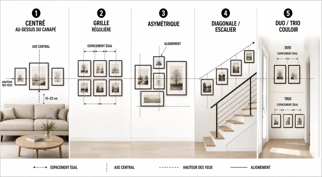 Disposition cadre mural : exemples de compositions de cadres sur un mur avec alignement, espacement et formats variés