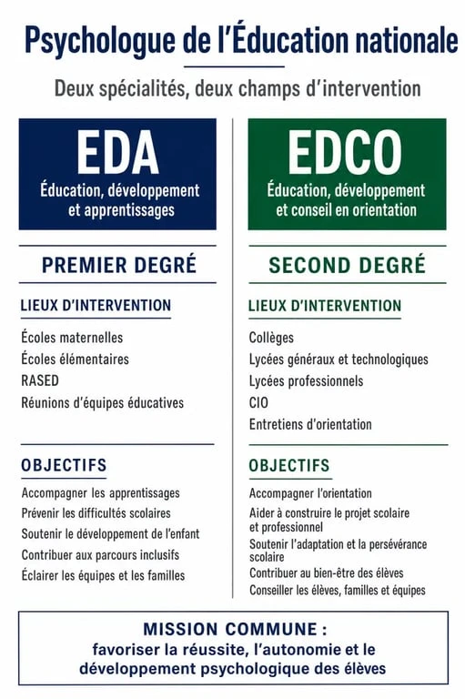 Infographie récapitulative des missions et spécialités du psychologue scolaire (PsyEN) : EDA et EDCO