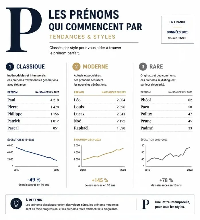 Infographie des tendances et styles de prénoms commençant par la lettre P pour les futurs parents