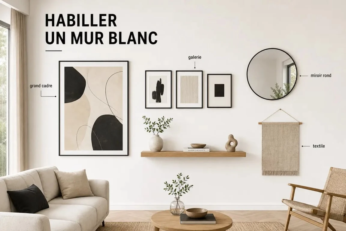 Idées pour décorer un mur blanc dans un salon avec cadres, miroir et étagère