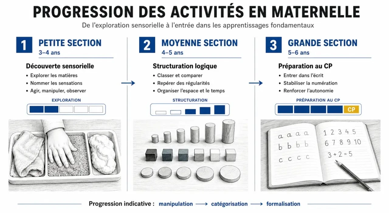 Infographie sur la progression des activités maternelle par niveau scolaire