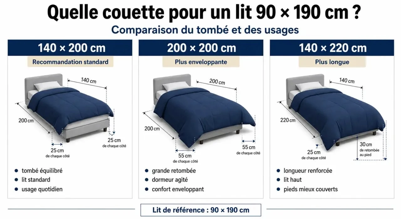 Taille de couette pour lit 90x190 : comparaison visuelle entre 140x200 et 200x200