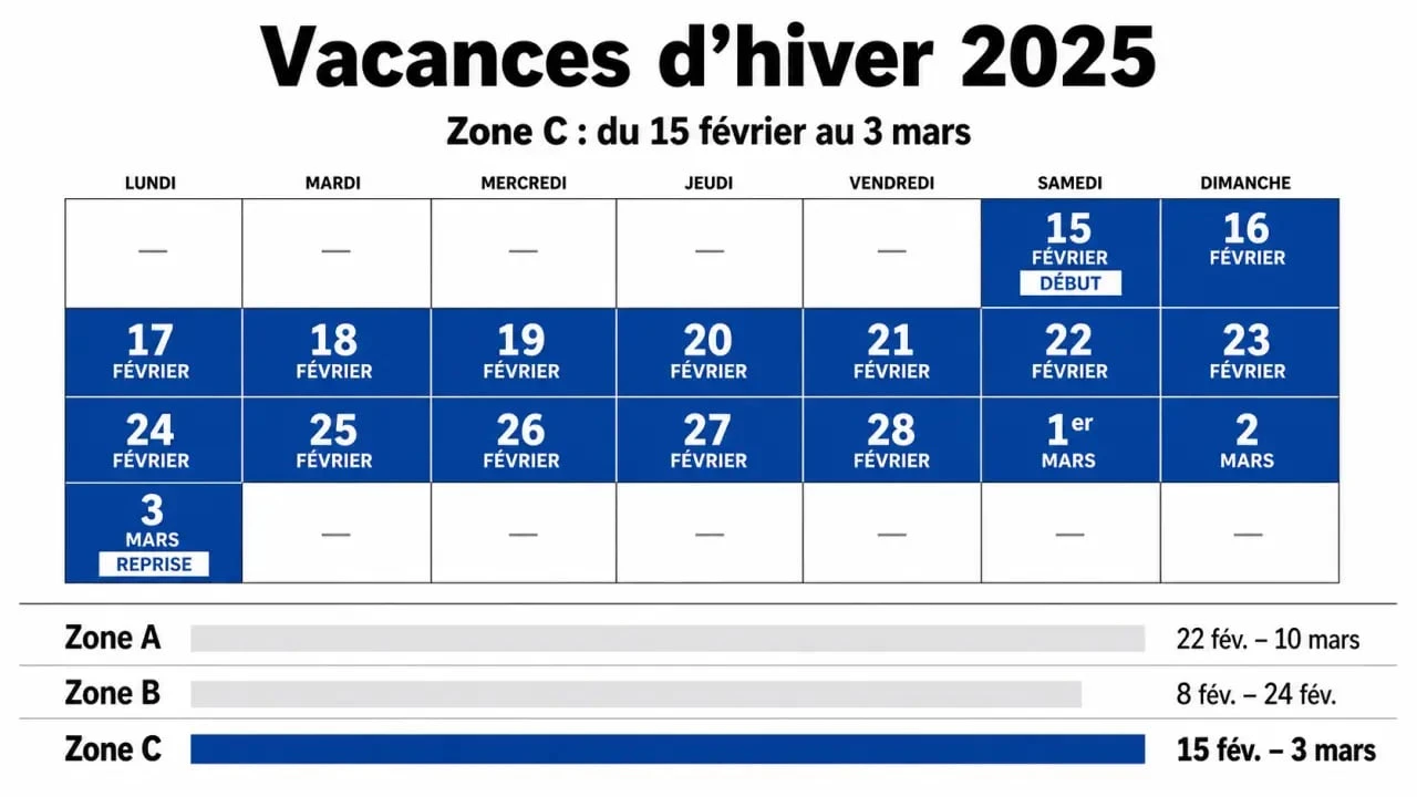 Vacances de février 2025 zone C : calendrier visuel des dates d’hiver 2025