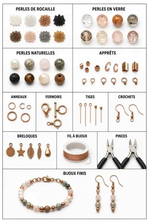 Perles et accessoires pour fabriquer des bijoux présentés en composition éditoriale avec bracelet, boucles d’oreilles et composants de montage
