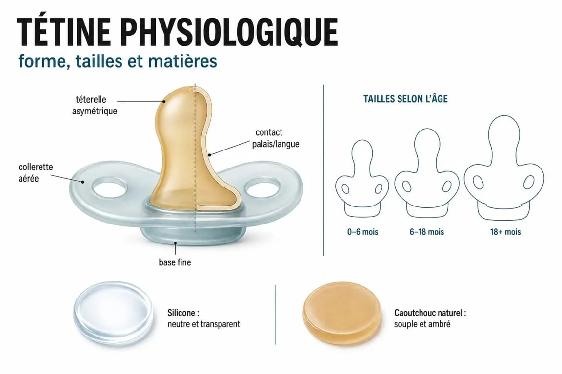 Tétine physiologique bébé : comparaison visuelle des formes, tailles et matières