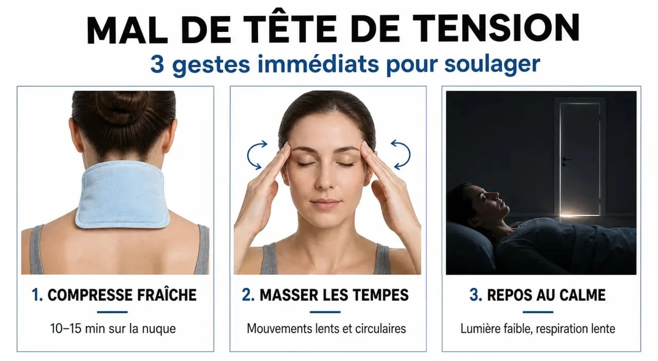 Infographie des gestes immédiats pour faire passer un mal de tête sans médicament