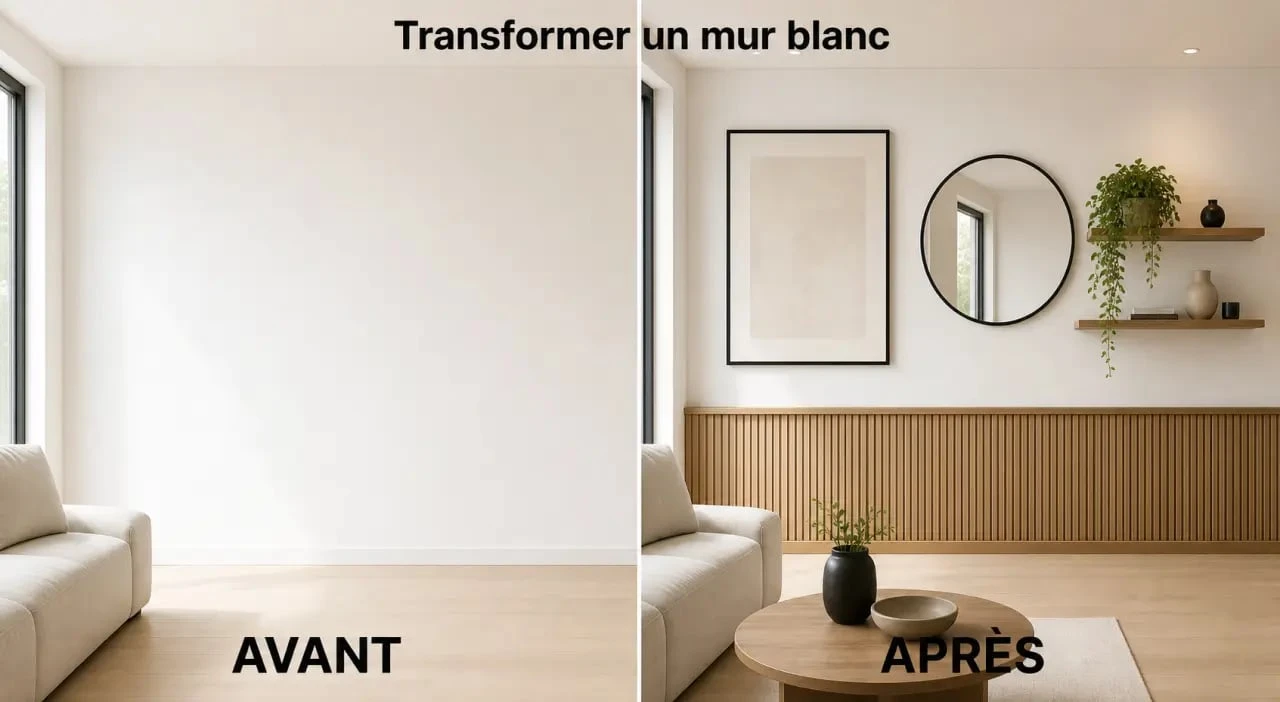 Décorer mur blanc : avant/après d’un mur blanc transformé avec cadres, miroir, étagères et plantes