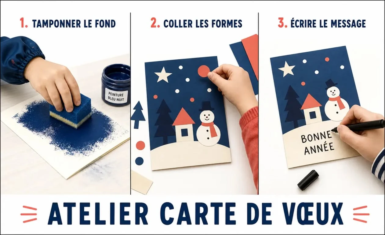 Carte de voeux maternelle : atelier en trois étapes avec peinture, collage et message personnalisé