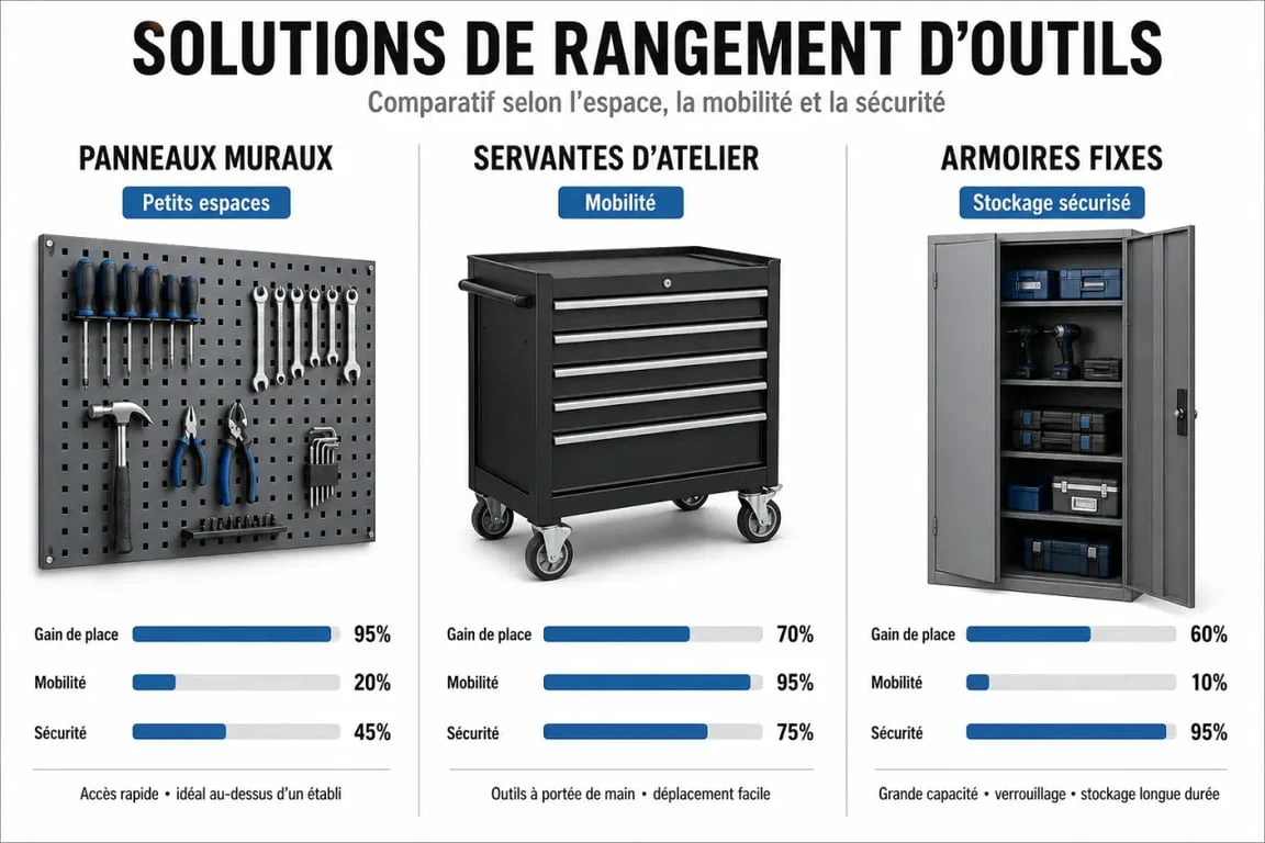 Infographie comparative des solutions de rangement outil pour atelier et garage