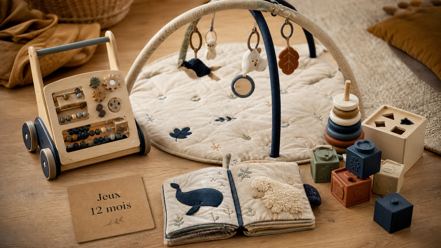Jeux bébé 1 an : motricité, sécurité, jouets d’éveil (tapis, cubes, anneaux).