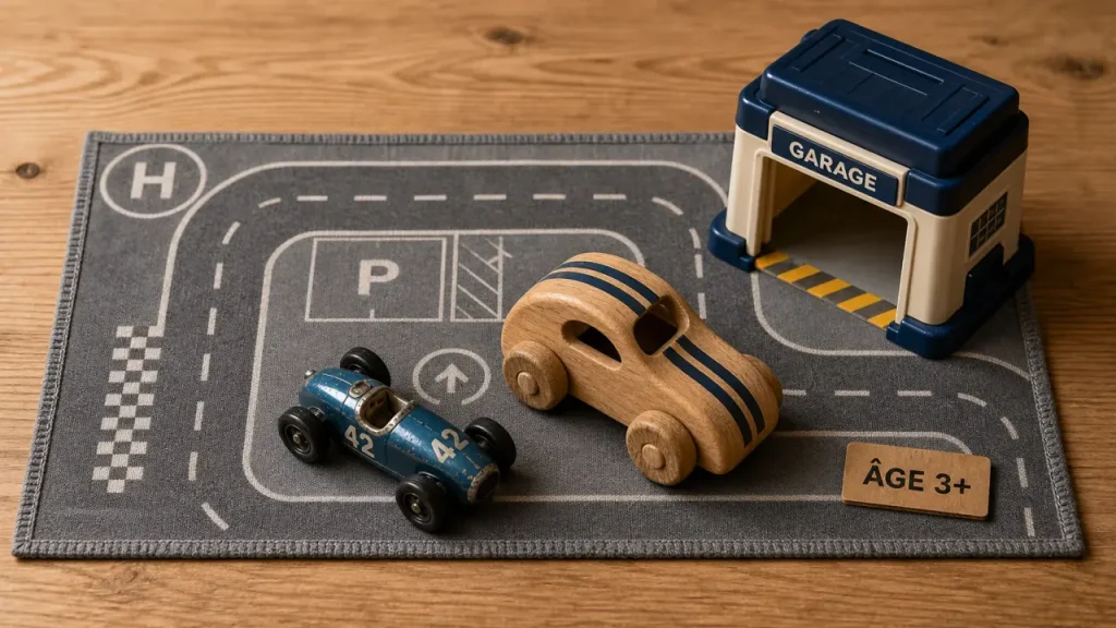 Petites voitures jouets : bois, métal, échelles 1/64 et 1/43, âge recommandé