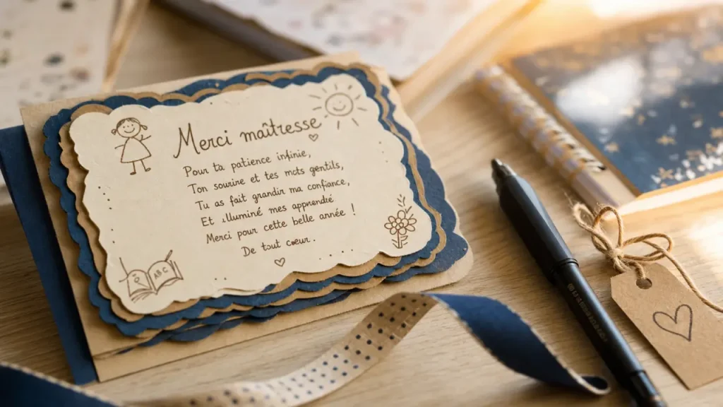 Poésie sur la maitresse : carte “Merci maîtresse” en papier fait maison
