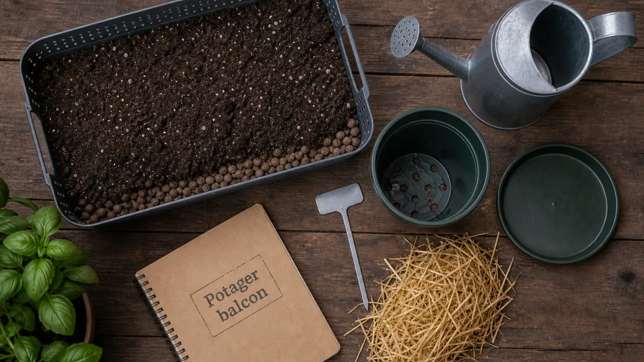 Potager sur balcon : jardinière avec terreau, billes d’argile et pots profonds