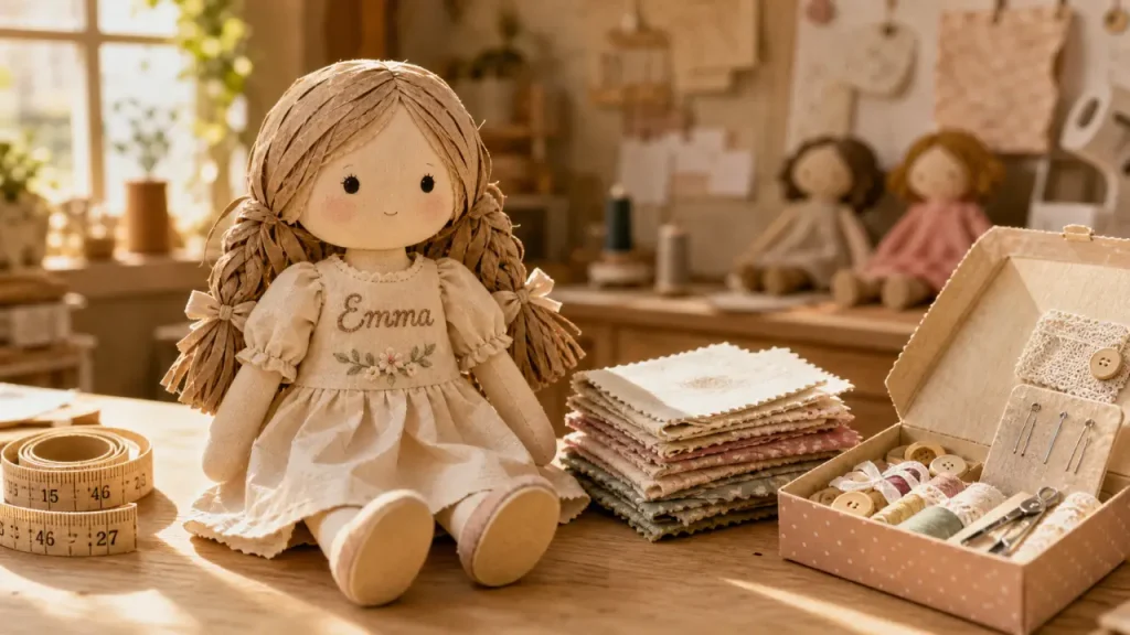 poupee personnalisé avec prénom brodé, accessoires et tissus