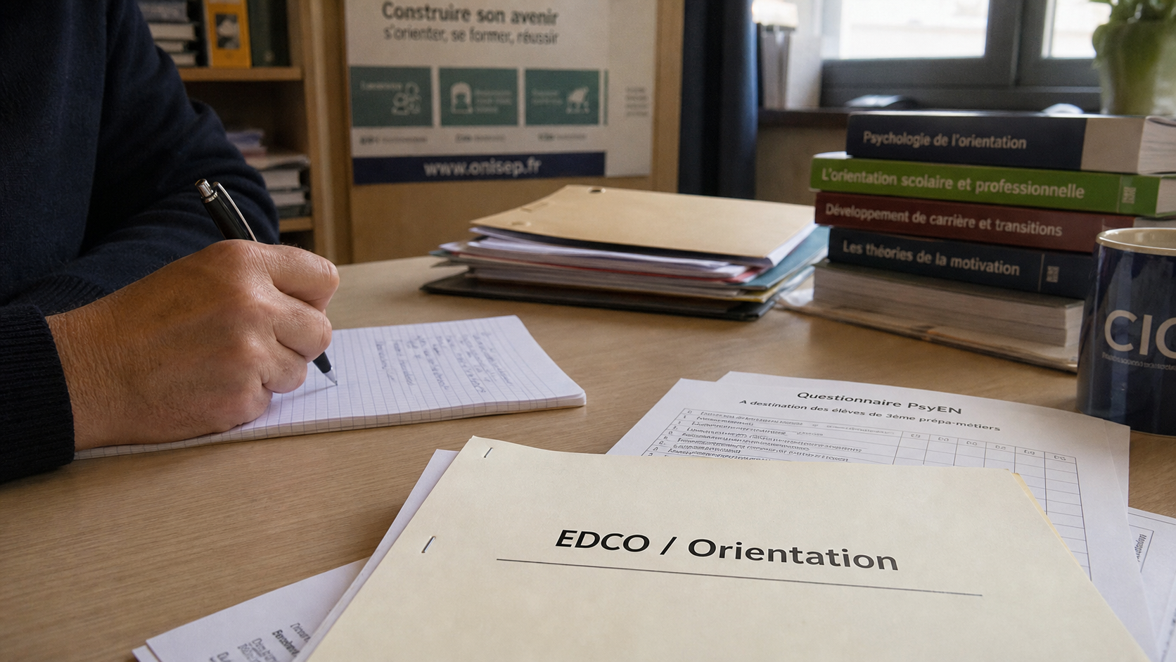 Psychologue scolaire en bureau : notes pour le suivi des élèves