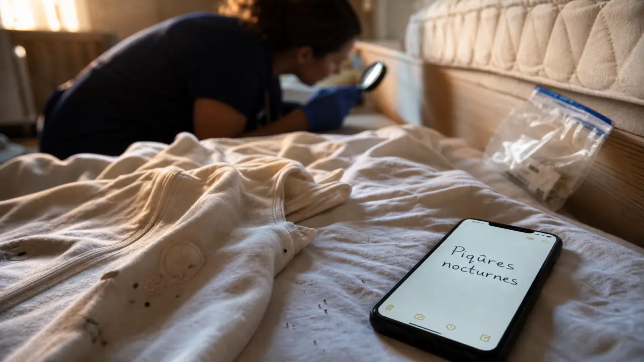 Punaise de lit bébé : marques près des coutures du matelas, loupe