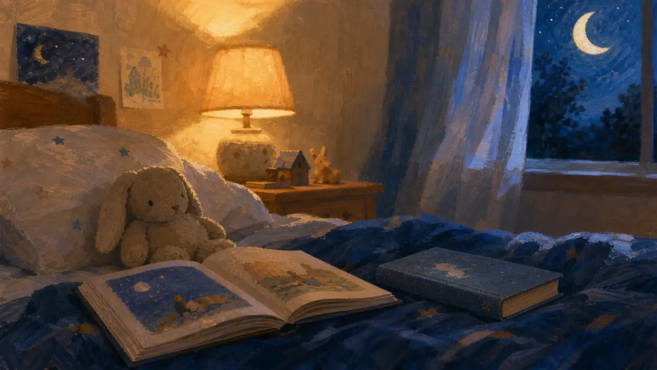 Chambre d'enfant au coucher : lampe douce, doudou lapin, livre d'histoires ouvert et lune à la fenêtre