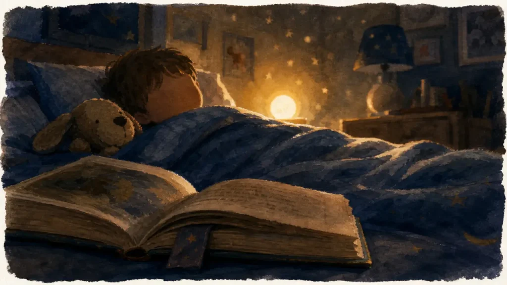 Une histoire pour dormir : enfant dans son lit, livre ouvert