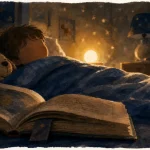 Une histoire pour dormir : enfant dans son lit, livre ouvert