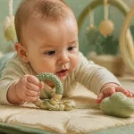 Bébé 5 mois sur tapis d’éveil, motricité et jeu