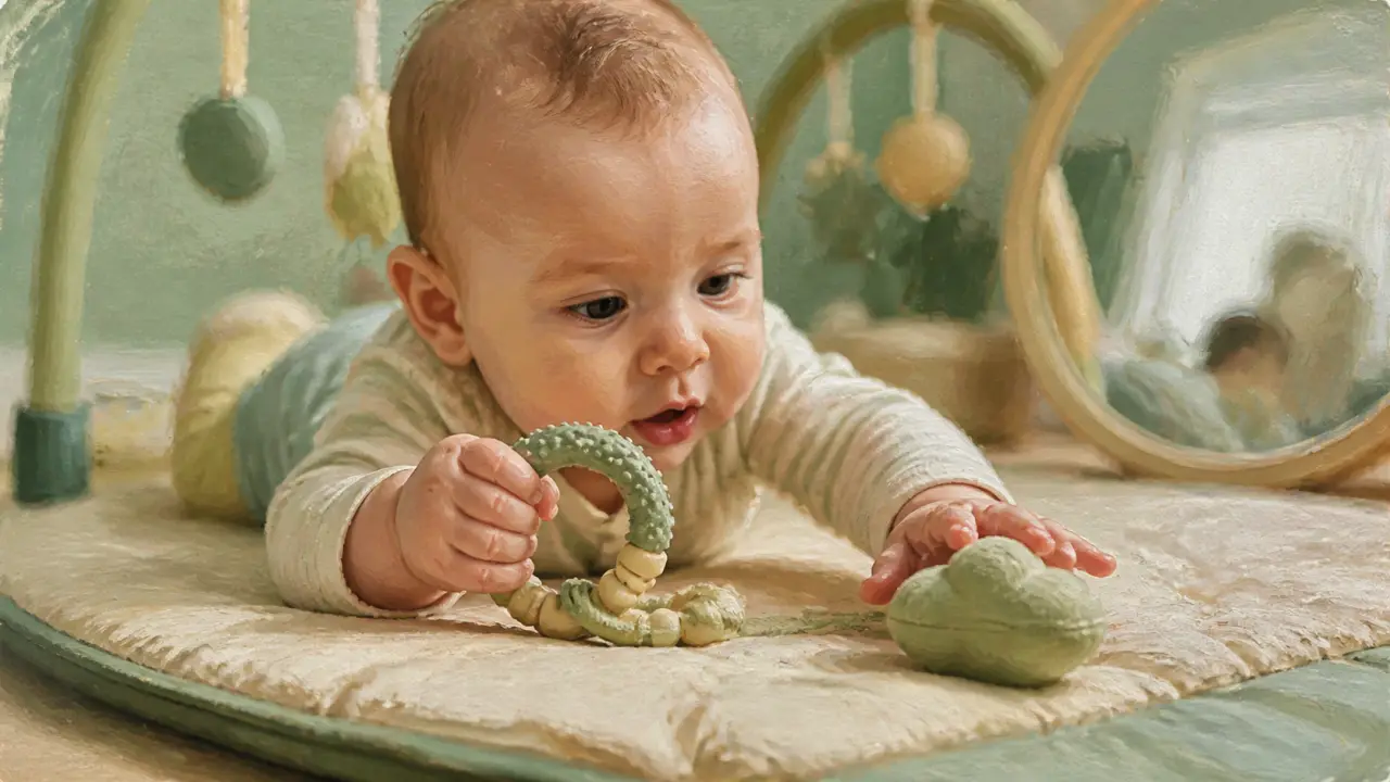 Bébé 5 mois sur tapis d’éveil, motricité et jeu