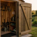 Cabane à outil de jardin en bois, outils de jardin et étagères