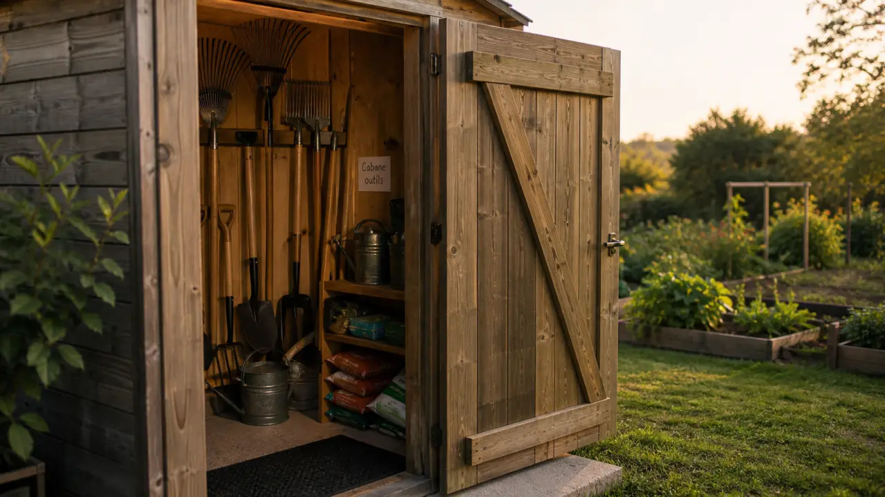 Cabane à outil de jardin en bois, outils de jardin et étagères