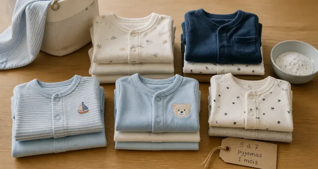 Combien de pyjamas en taille 1 mois prévoir ? 5 à 7 pièces selon la lessive, la saison et les fuites