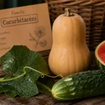 Cucurbitacées liste : courge, concombre et pastèque sur table