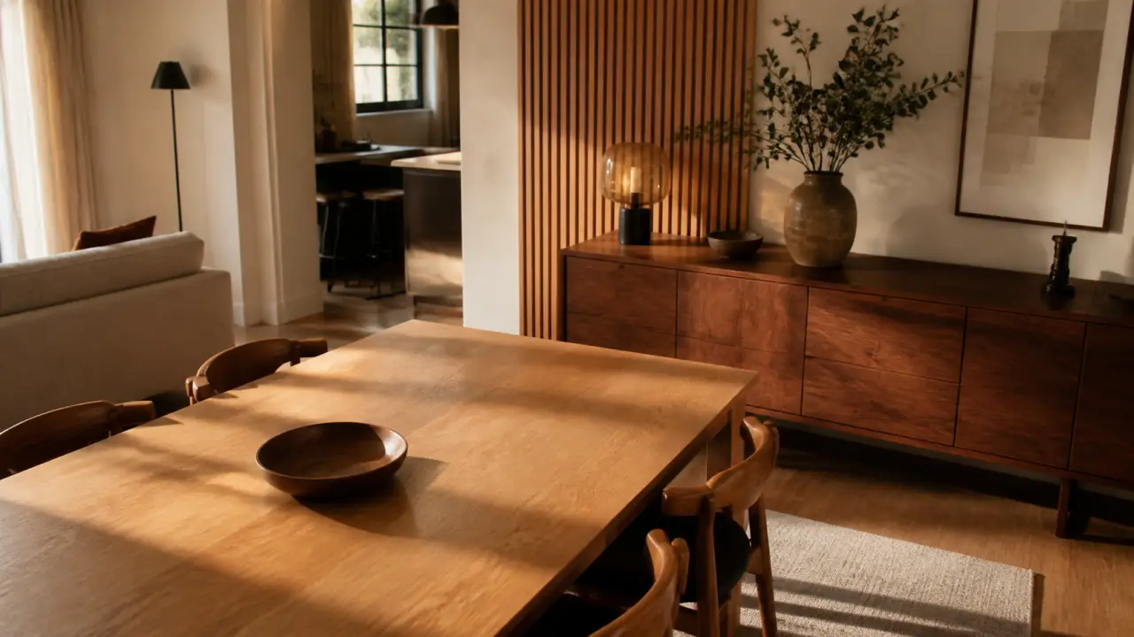 Décoration bois intérieur maison : chêne clair et noyer, espace moderne