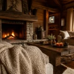 Décoration intérieur chalet bois : salon en bois, plaid laine et textiles chauds