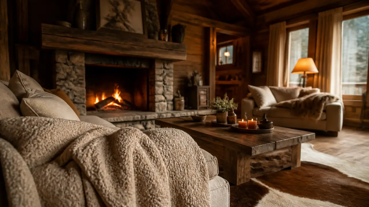 Décoration intérieur chalet bois : salon en bois, plaid laine et textiles chauds