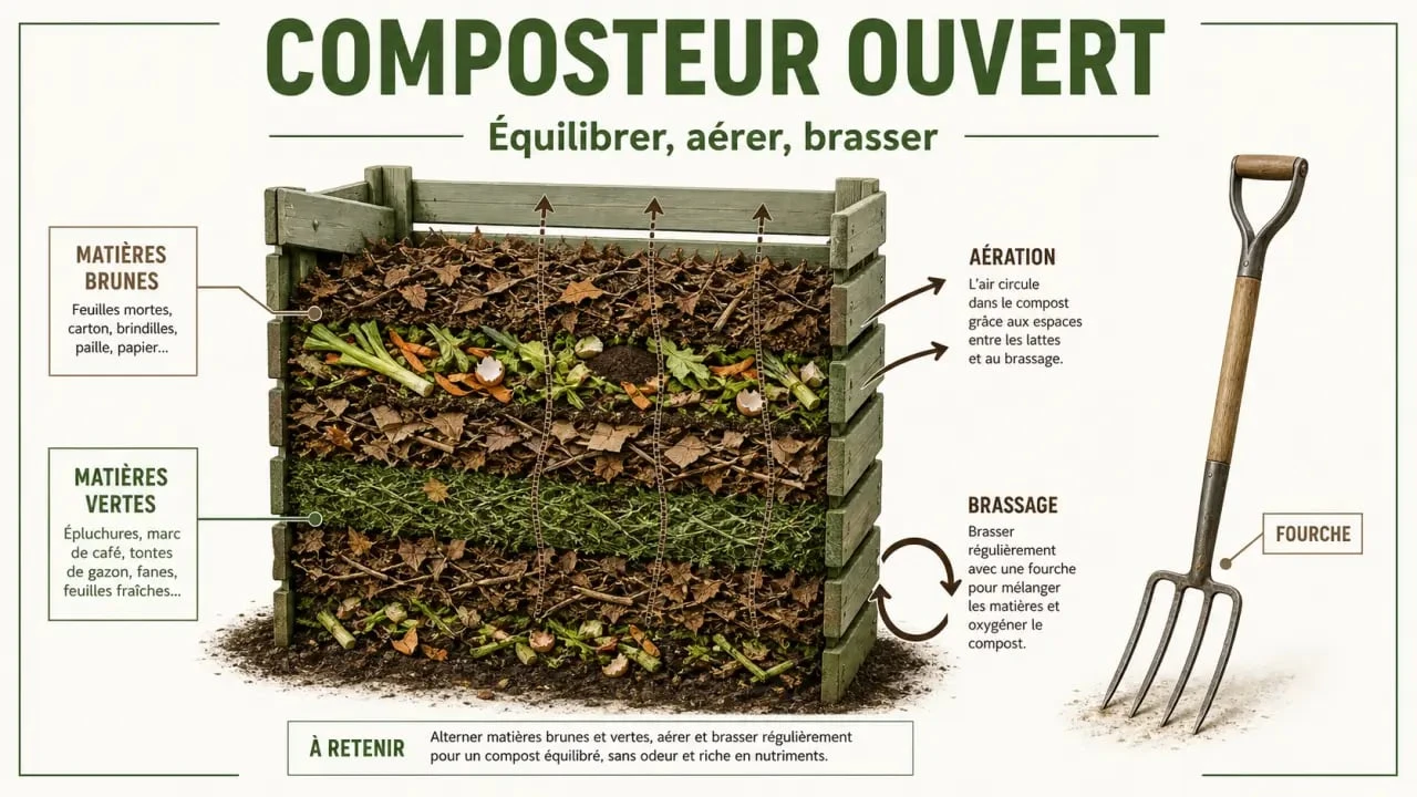 Comment faire du compost : schéma des couches de matières vertes et brunes dans un composteur