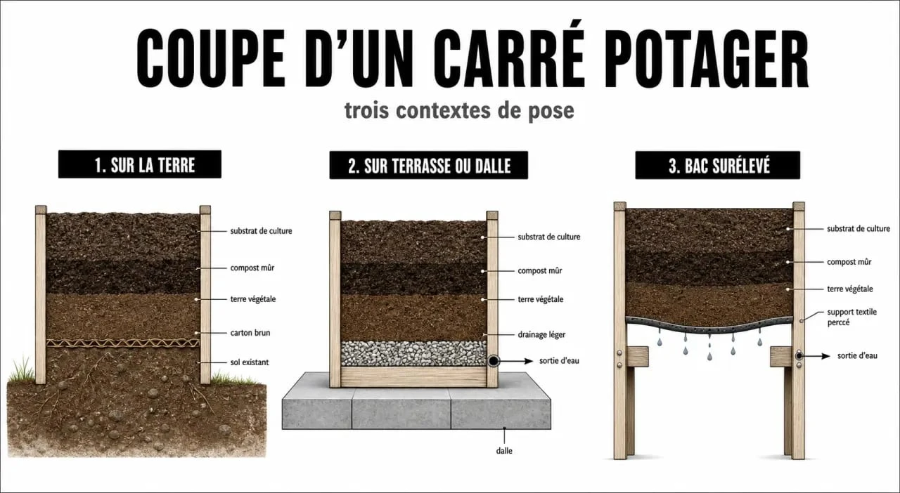 Que mettre au fond d'un carré potager : coupe des couches selon le support