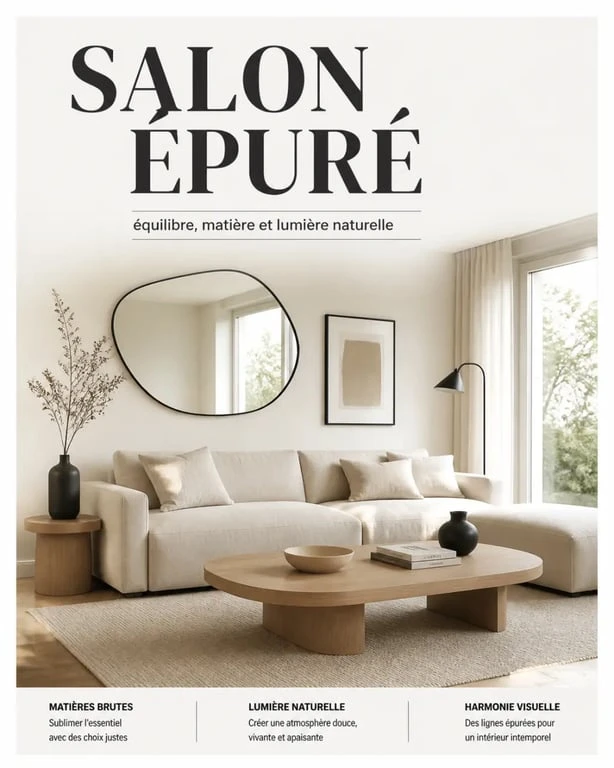 Salon inspirant de décoration intérieur moderne avec canapé, miroir organique et matières naturelles