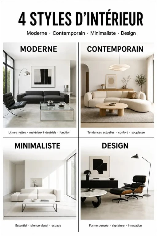 Comparatif de décoration intérieur moderne entre styles moderne, contemporain, minimaliste et design