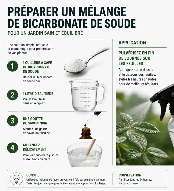 Infographie sur la préparation du bicarbonate pour tuer chenilles au jardin