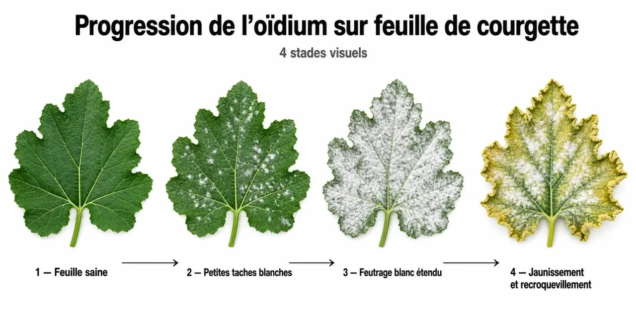 Traitement oidium courgette : progression des symptômes sur une feuille de courgette