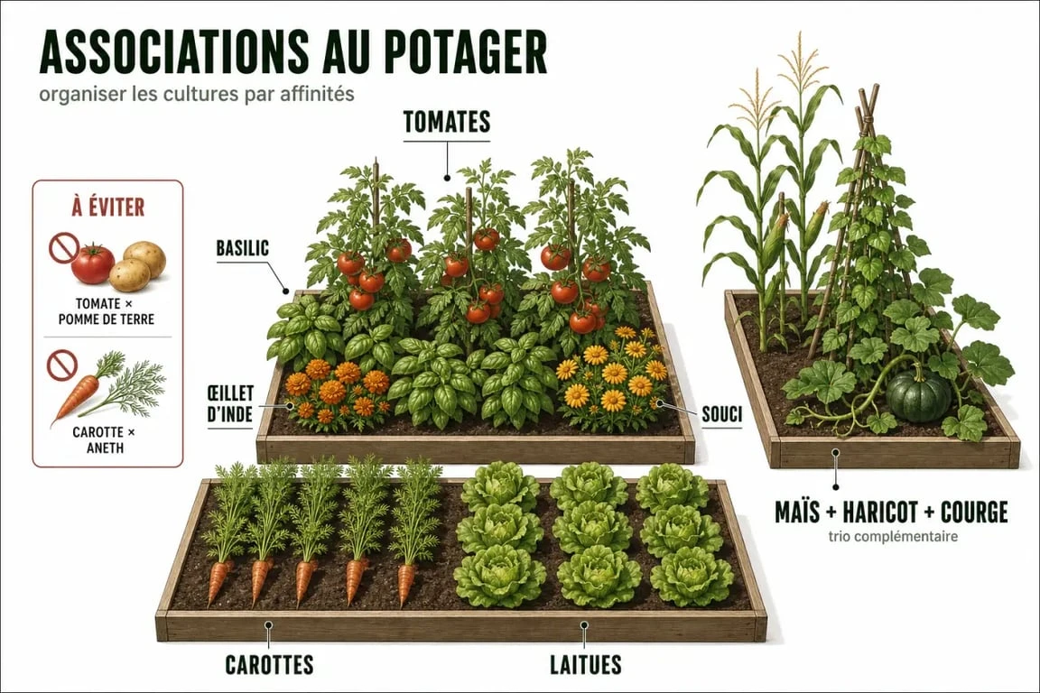 Association de plantes au potager montrant les bons voisins et les associations à éviter
